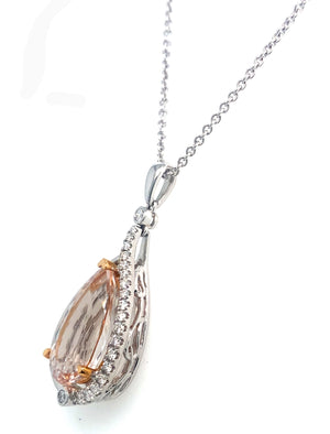 18K Rose And White Gold Morganite And Diamond Pear Shape Halo Pendant