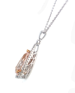 18K Rose And White Gold Morganite And Diamond Pear Shape Halo Pendant