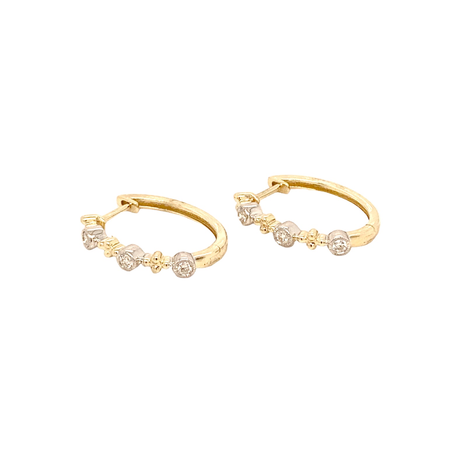 14K Yellow & White Gold Oval Hoop Earrings with Bezel Set Diamonds