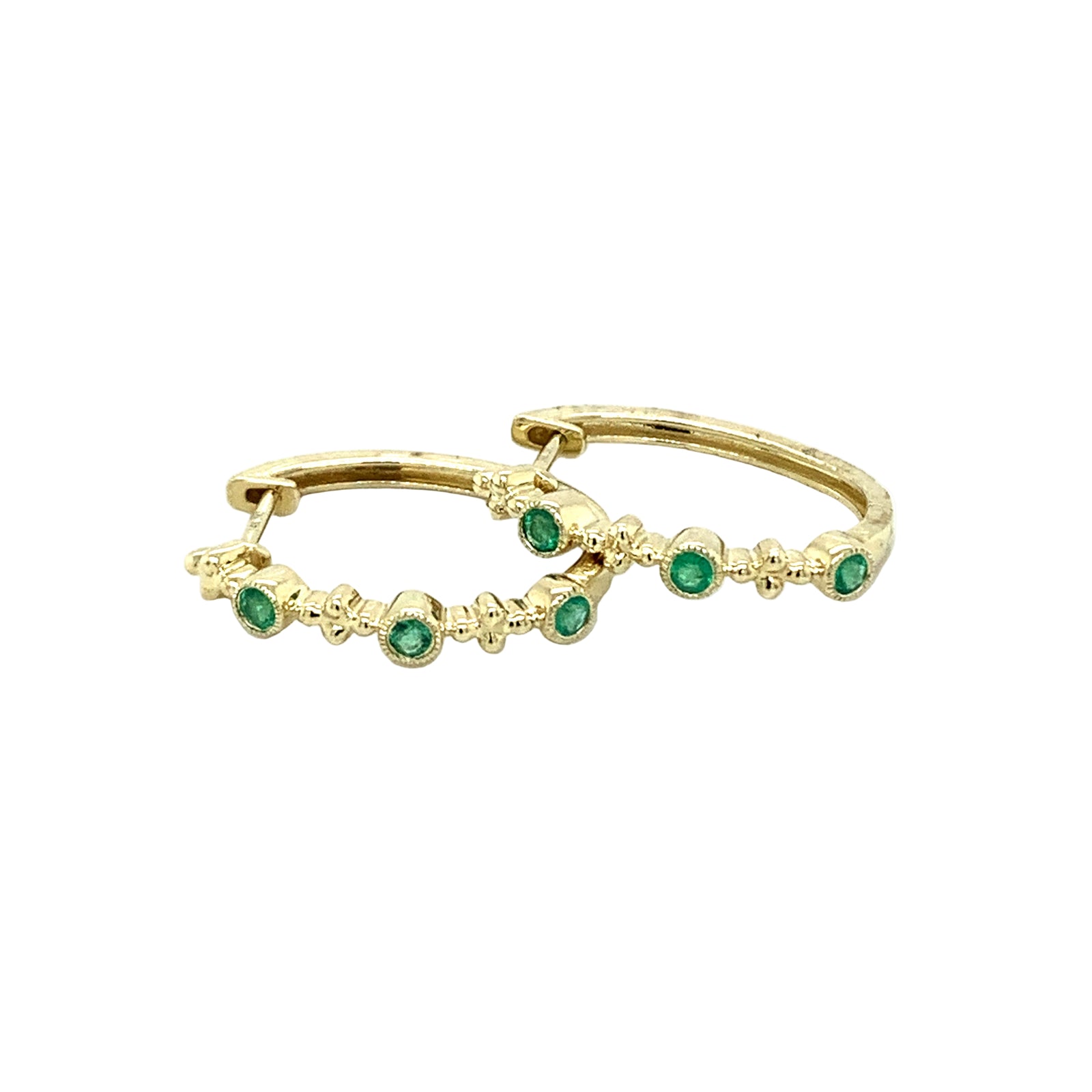 14K Yellow Gold Emerald Oval Shape Hoop Earrings