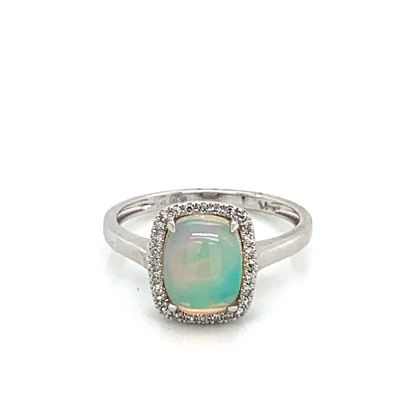 14K White Gold Opal Cabochon & Diamond Halo Ring