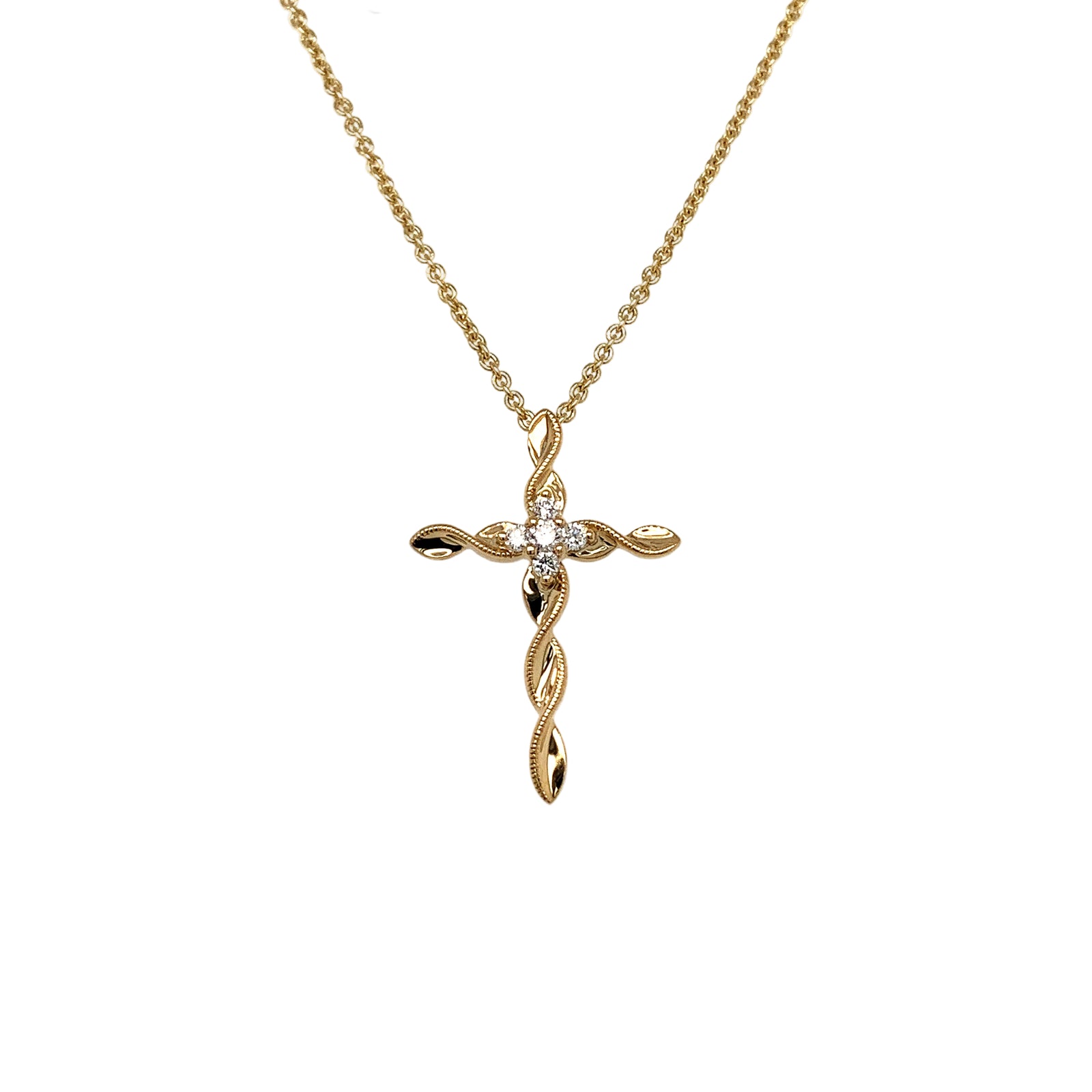 14K Yellow Gold Twist Design Diamond Cross Necklace