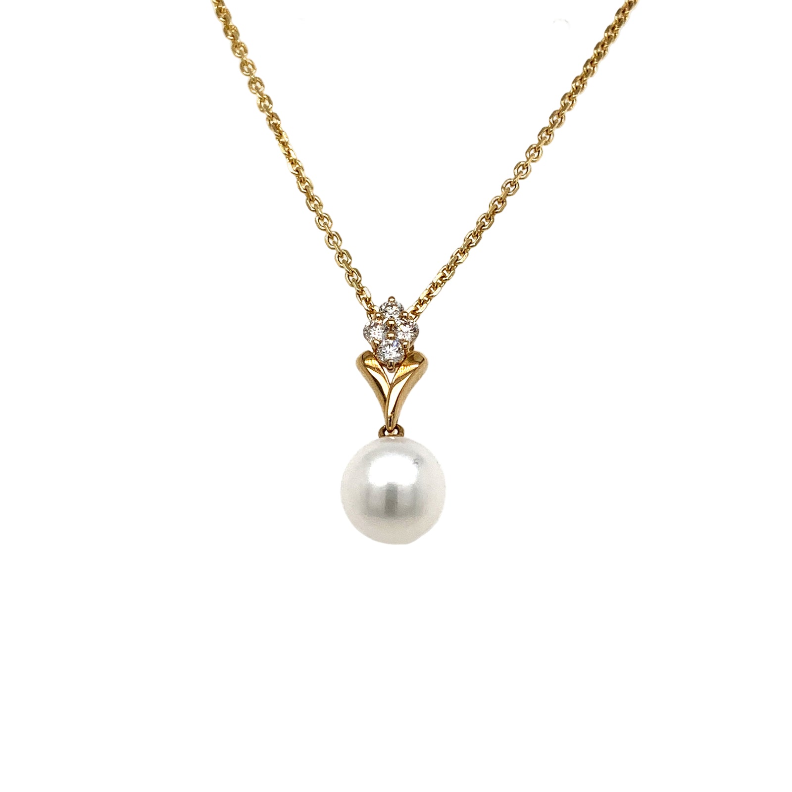 14K Yellow Gold Pearl & Diamond Drop Necklace
