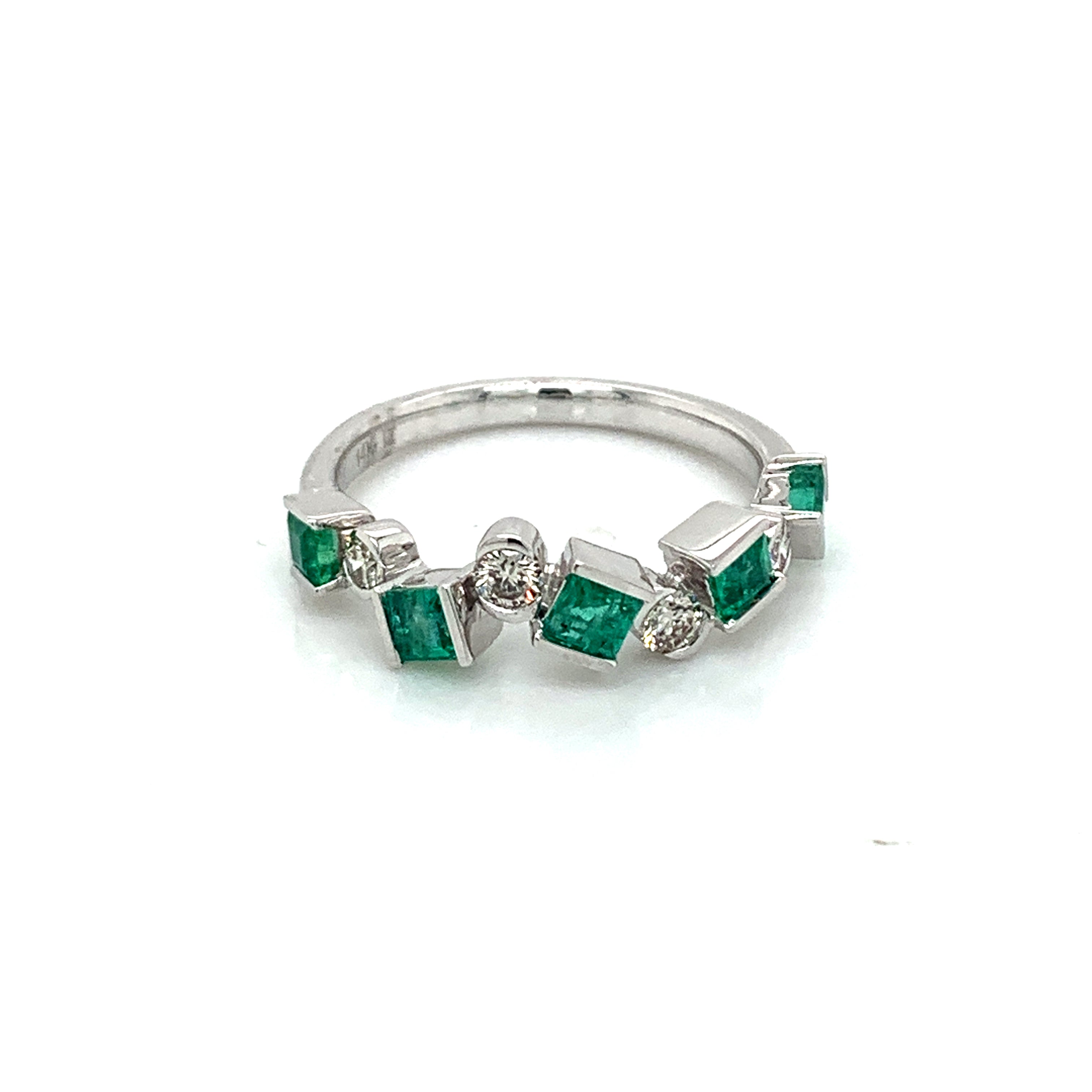 14K White Gold Emerald & Diamond Freeform Ring