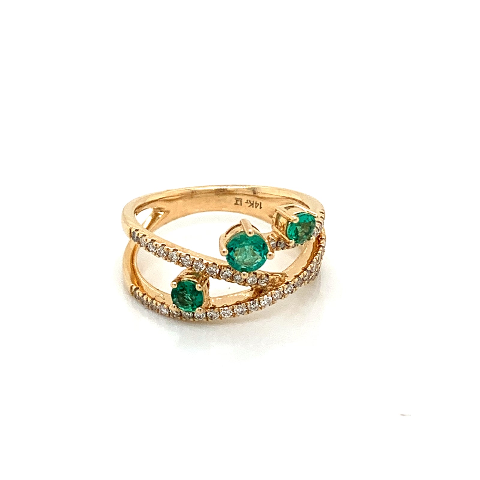 14K Yellow Gold Emerald & Diamond Crossover Ring