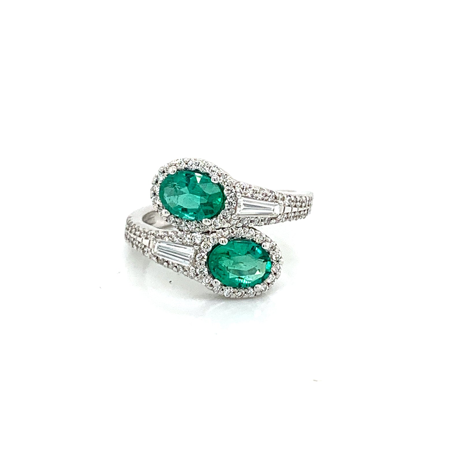 14K White Gold Emerald & Diamond Bypass Ring