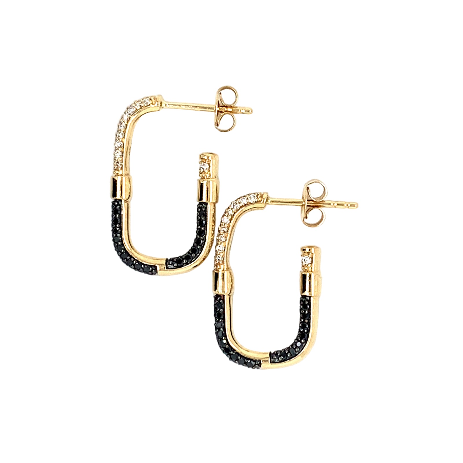 14K Yellow Gold Black & White Diamond Hoop Earrings