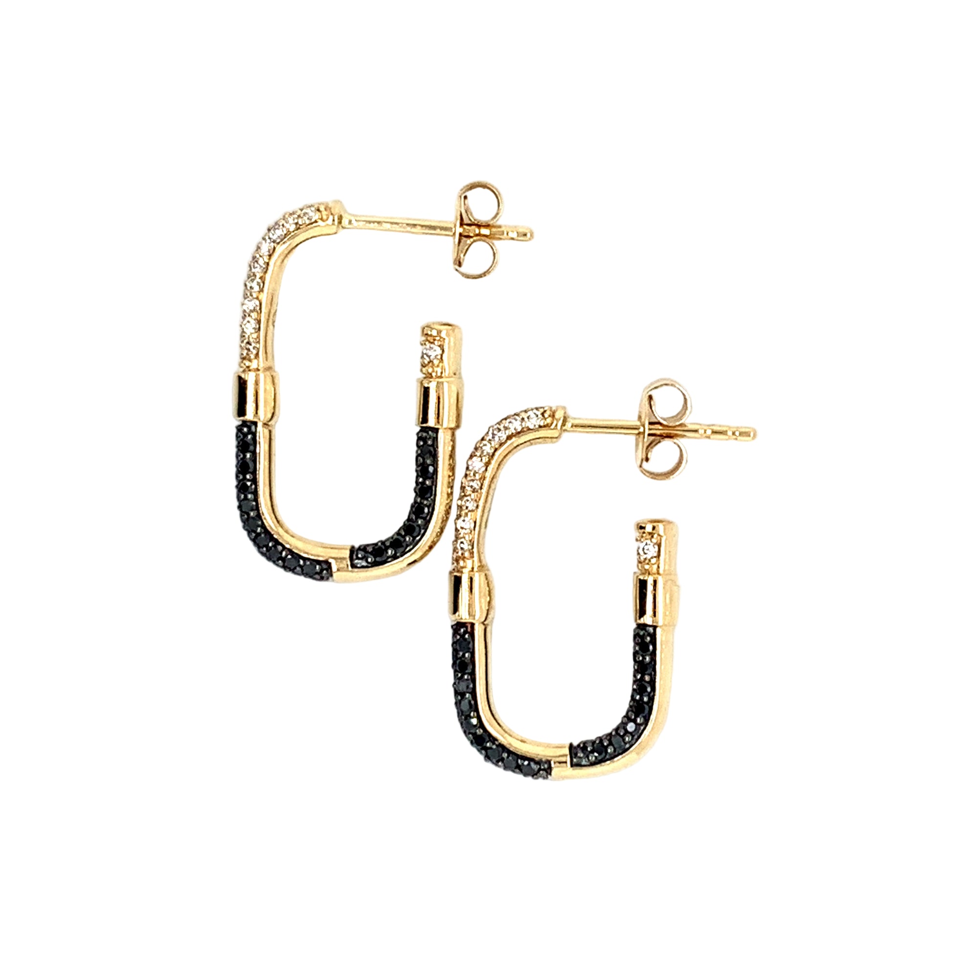 14K Yellow Gold Black & White Diamond Hoop Earrings