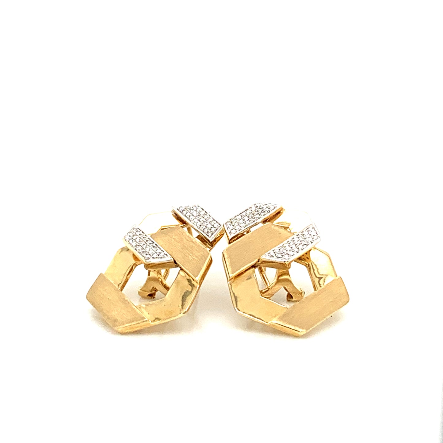 14K Yellow Gold Diamond Pave Matte and Polished Earrings