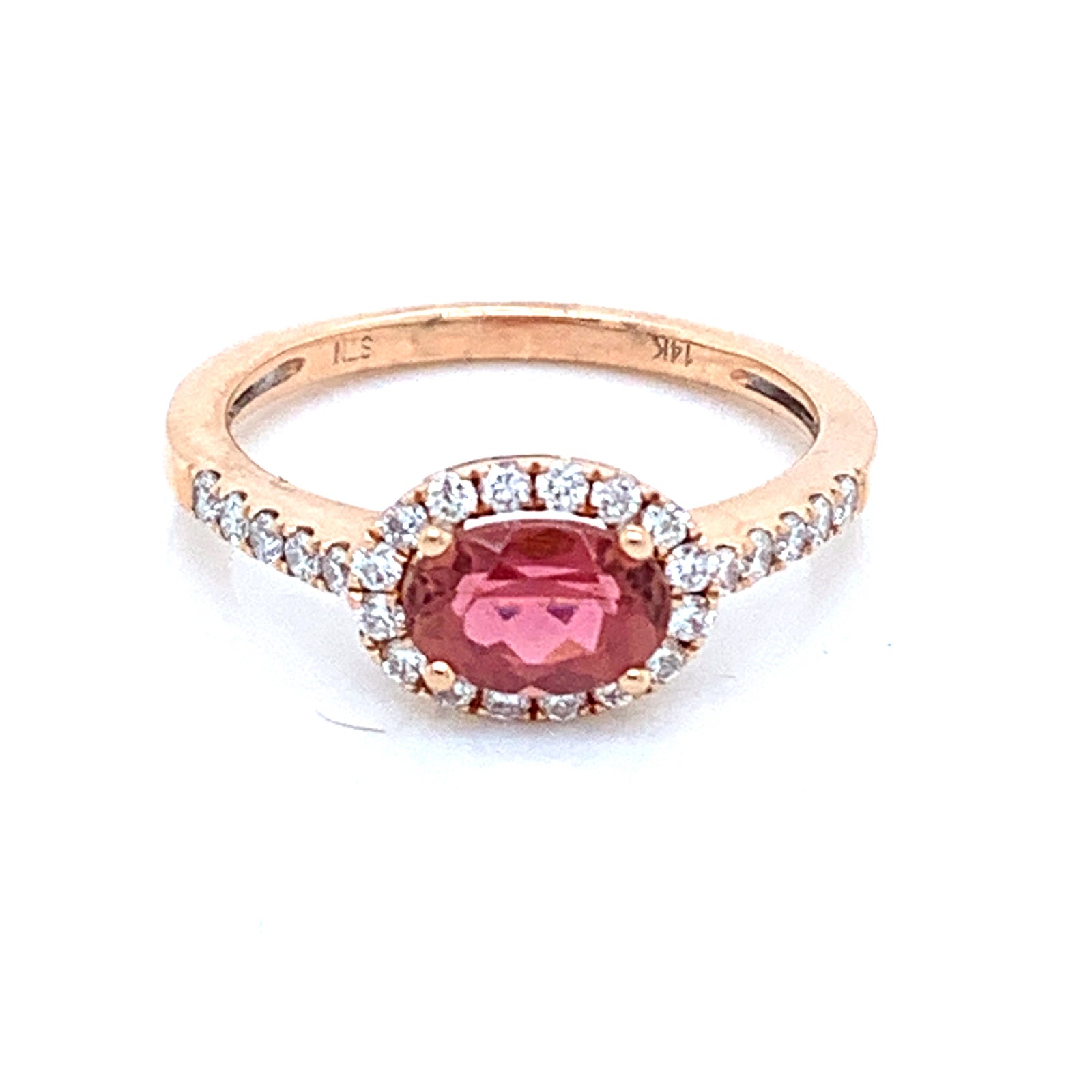 14K Rose Gold Oval Pink Tourmaline with Diamond Halo Ring