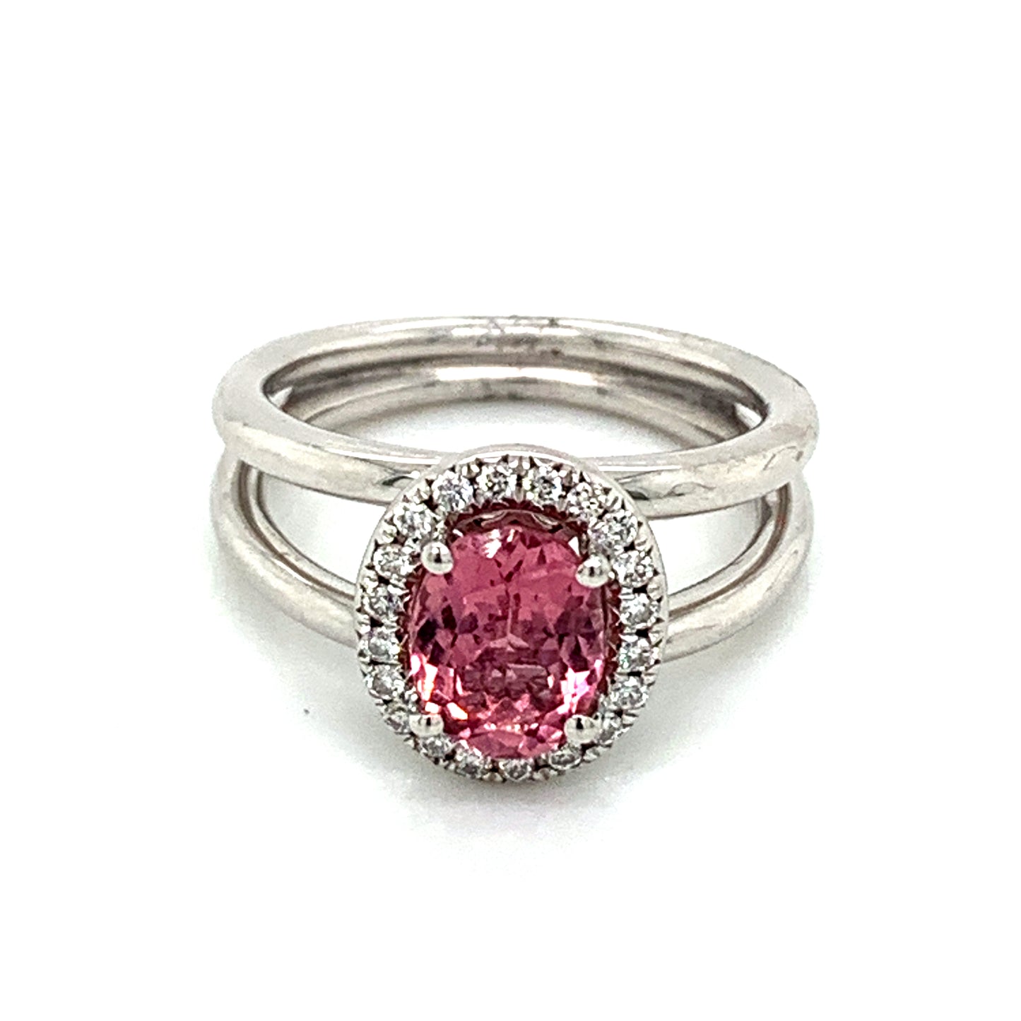 14K White Gold Oval Pink Tourmaline Diamond Halo Ring