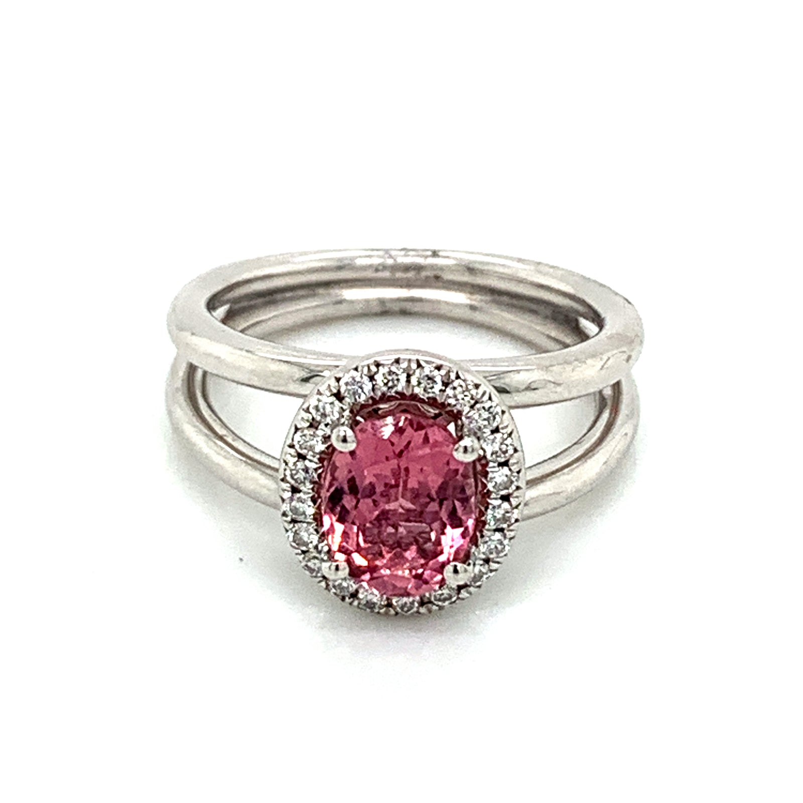 14K White Gold Oval Pink Tourmaline Diamond Halo Ring