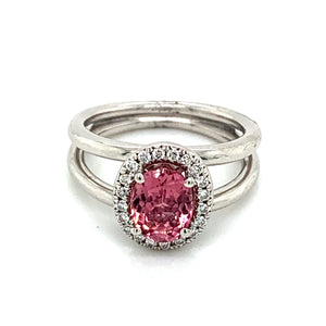 14K White Gold Oval Pink Tourmaline Diamond Halo Ring