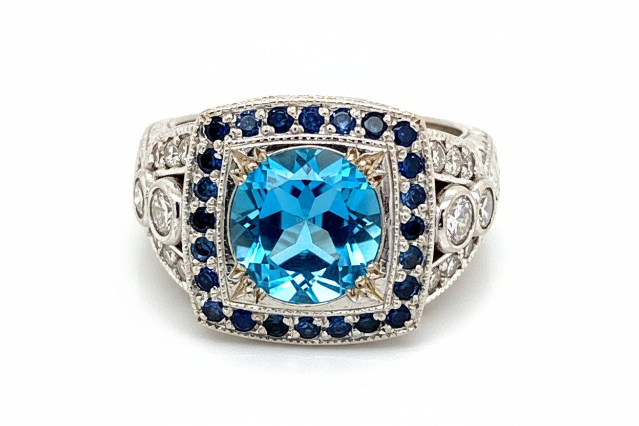 18K White Gold Swiss Blue Topaz, Sapphire & Diamond Vintage Inspired Ring