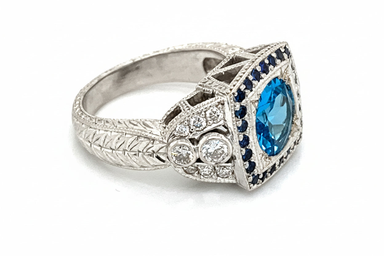 18K White Gold Swiss Blue Topaz, Sapphire & Diamond Vintage Inspired Ring