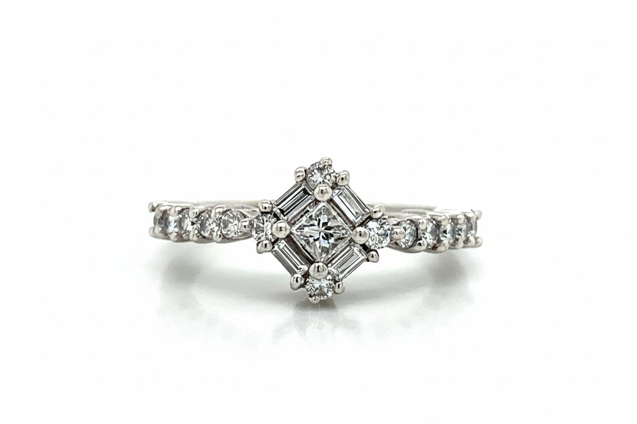 14K White Gold Diamond Square Cluster Ring