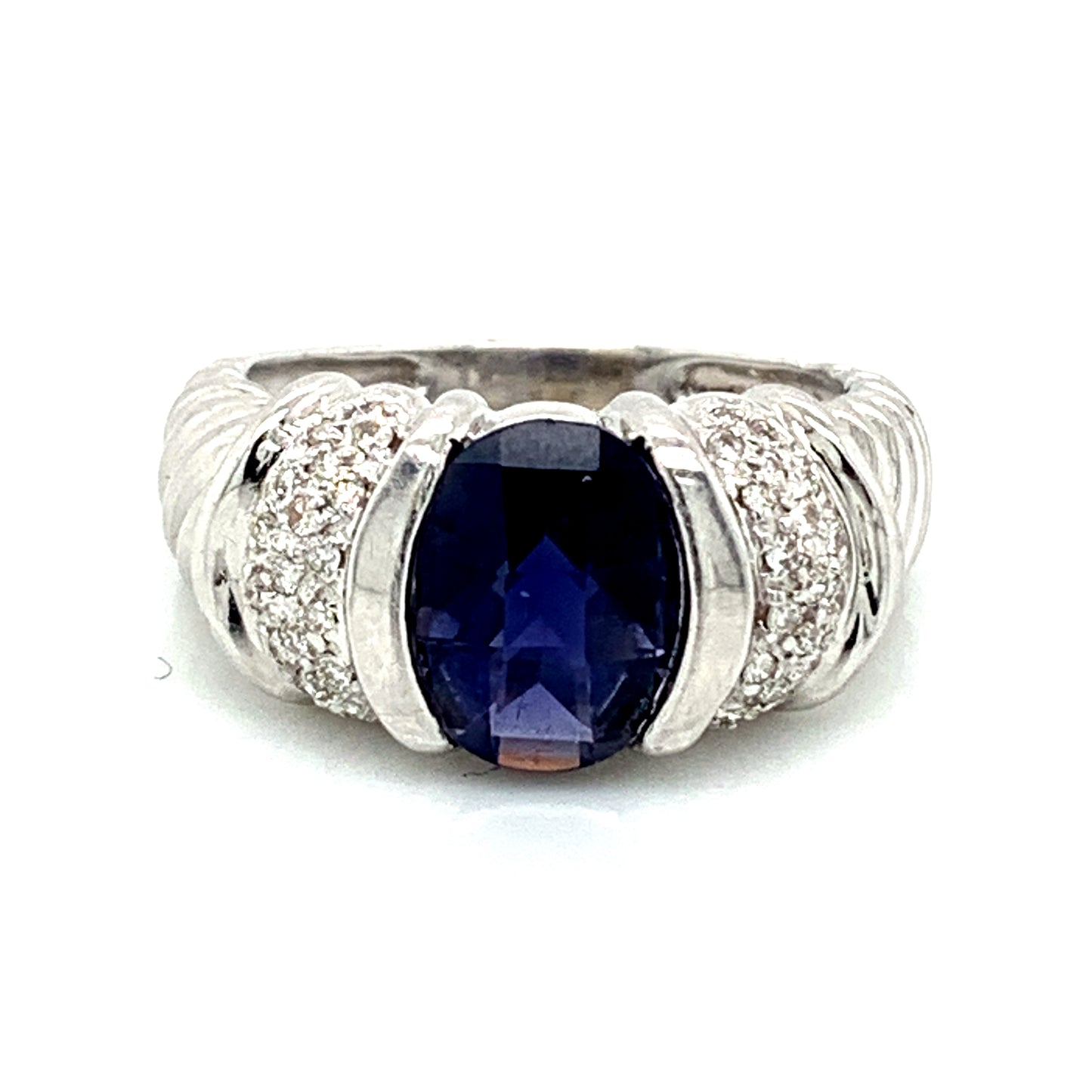 14K White Gold Oval Iolite & Pave Diamond Ring
