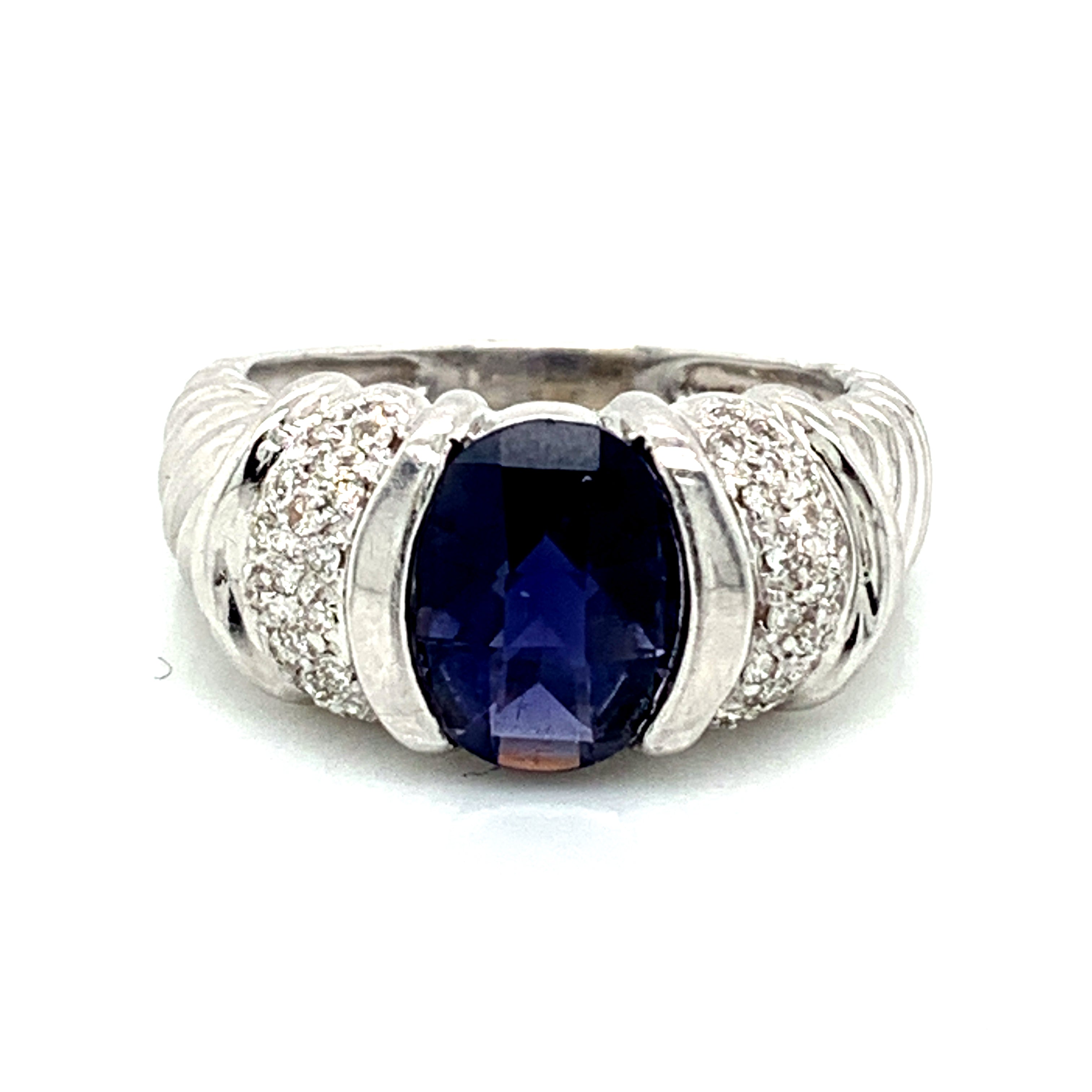 14K White Gold Oval Iolite & Pave Diamond Ring