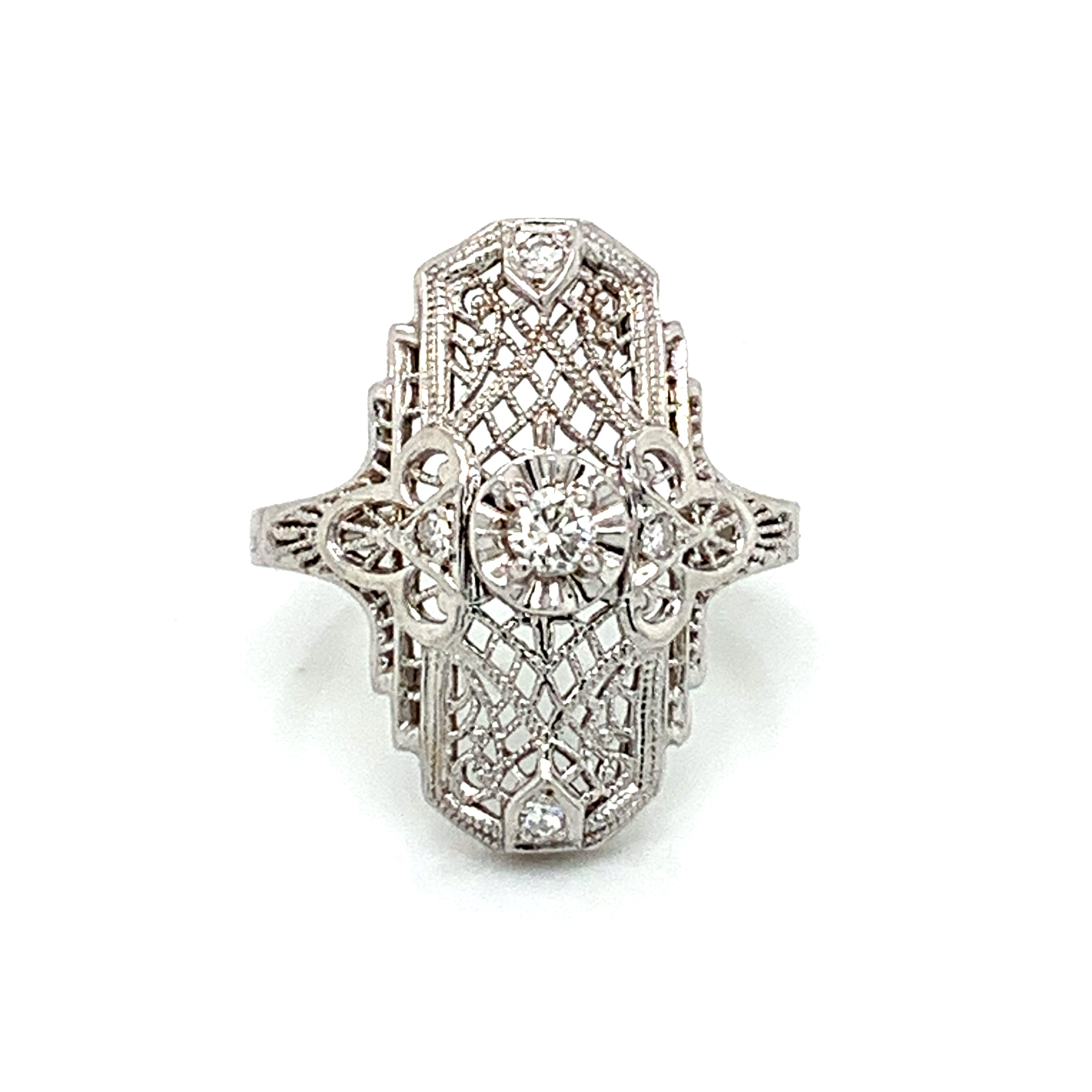 14K White Gold Vintage Inspired Diamond Shield Ring