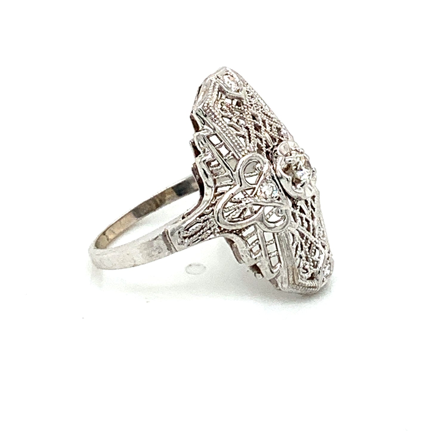 14K White Gold Vintage Inspired Diamond Shield Ring