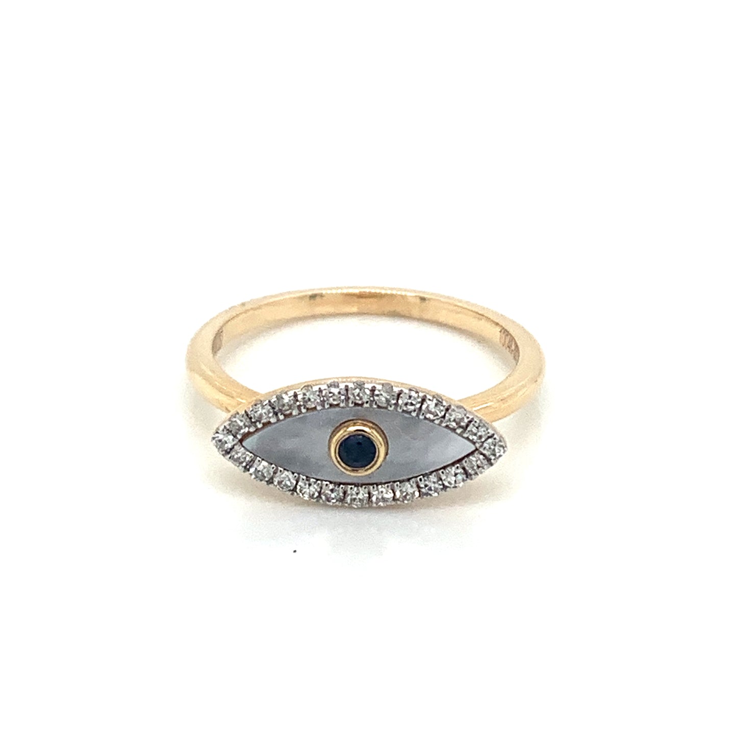 14K Yellow Gold Watching Eye Mother Of Pearl Diamond & Sapphire Ring