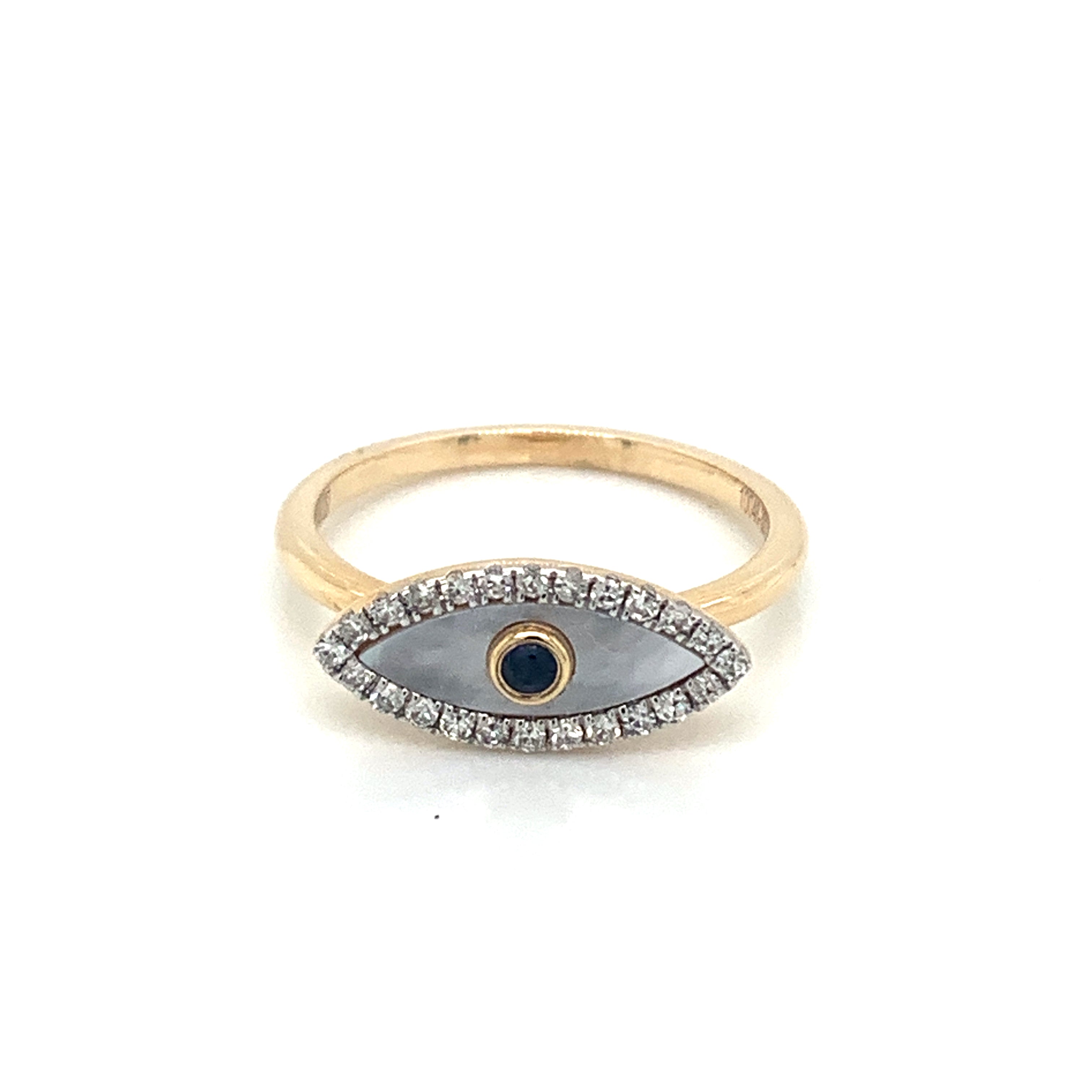 14K Yellow Gold Watching Eye Mother Of Pearl Diamond & Sapphire Ring