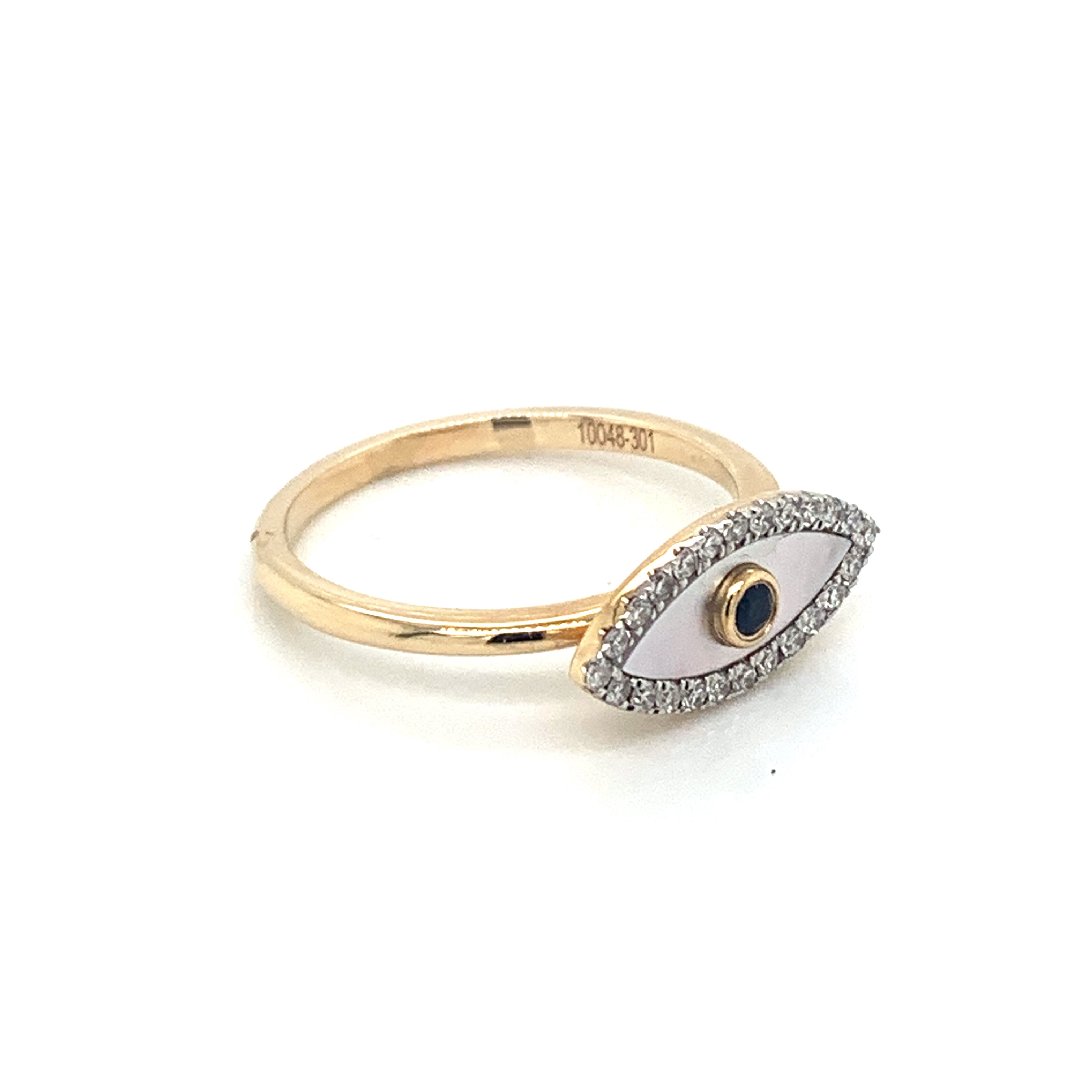 14K Yellow Gold Watching Eye Mother Of Pearl Diamond & Sapphire Ring