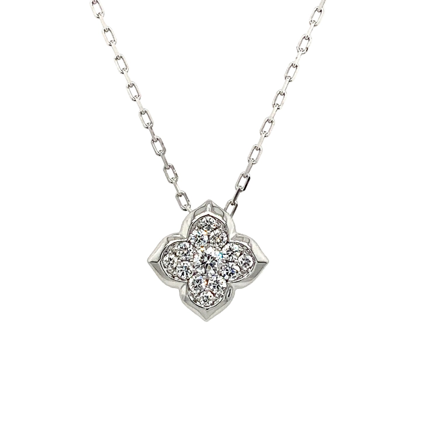 14K White Gold Diamond Clover Necklace