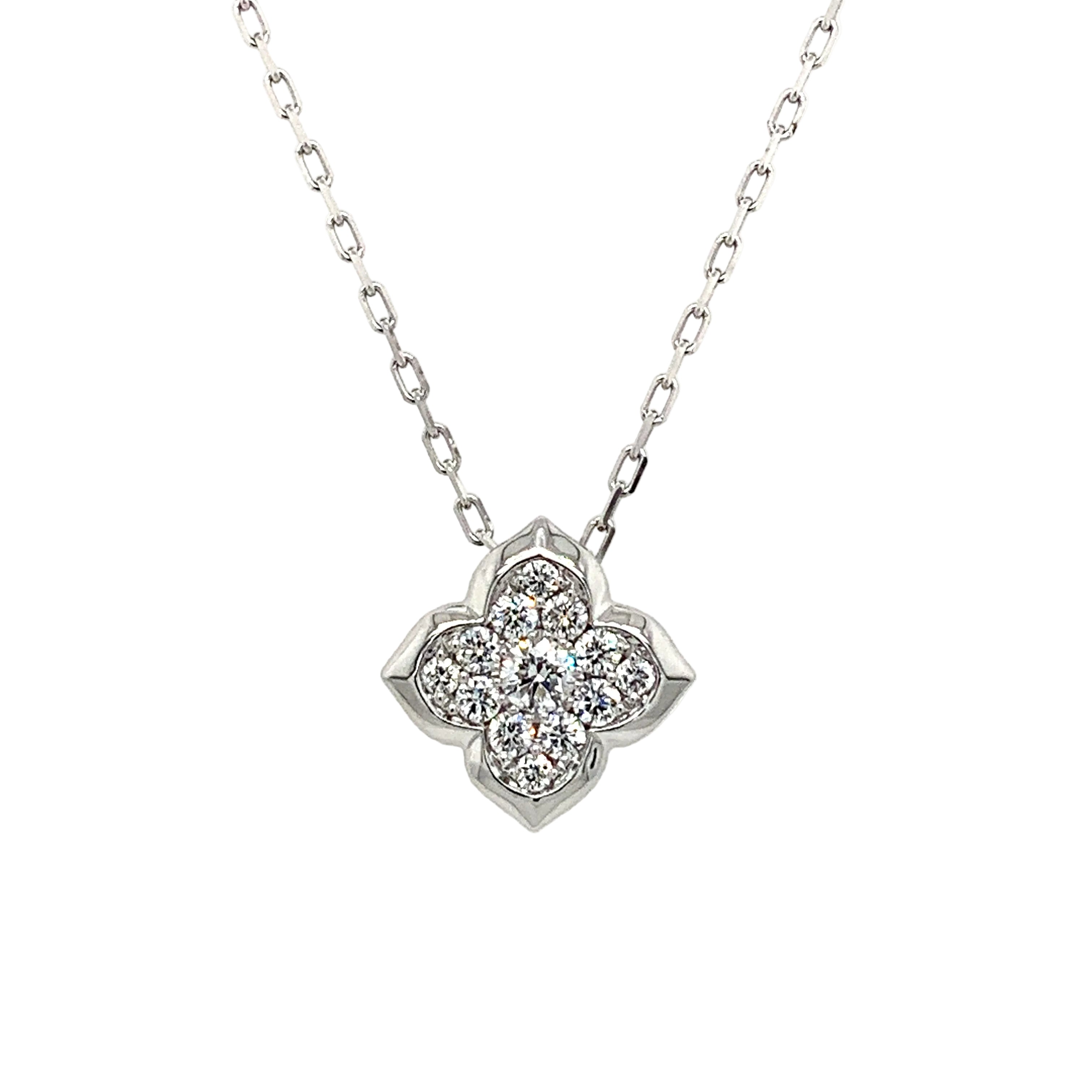 14K White Gold Diamond Clover Necklace