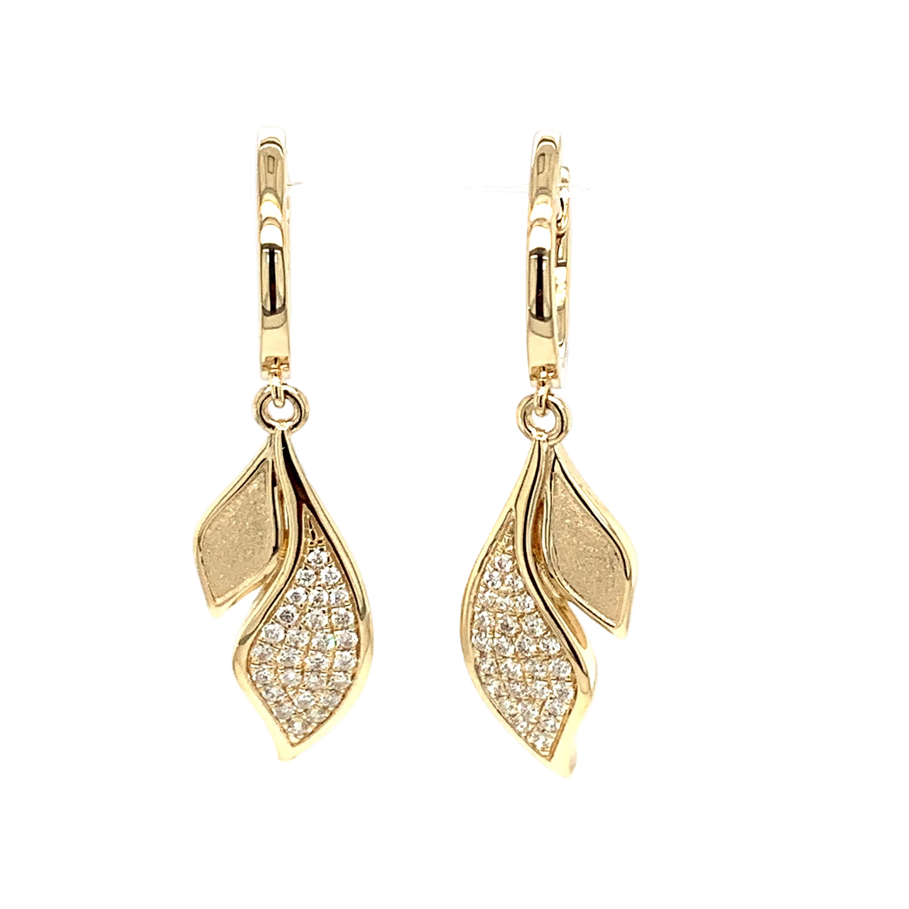 14K Yellow Gold Diamond Pave Leaf Drop Earrings