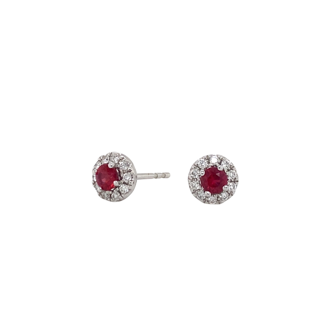 14K White Gold Ruby & Diamond Halo Earrings