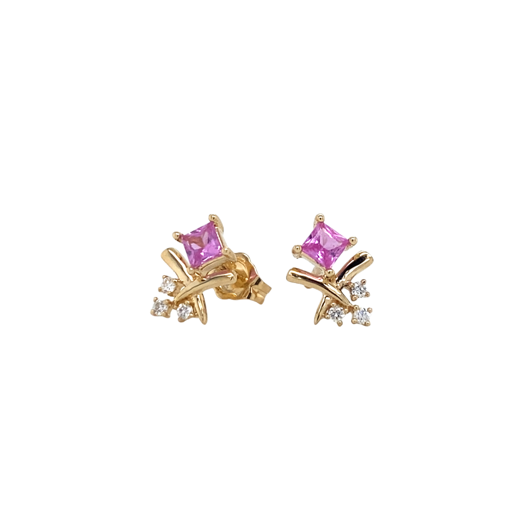 14K Yellow Gold Pink Sapphire & Diamond Stud Earrings
