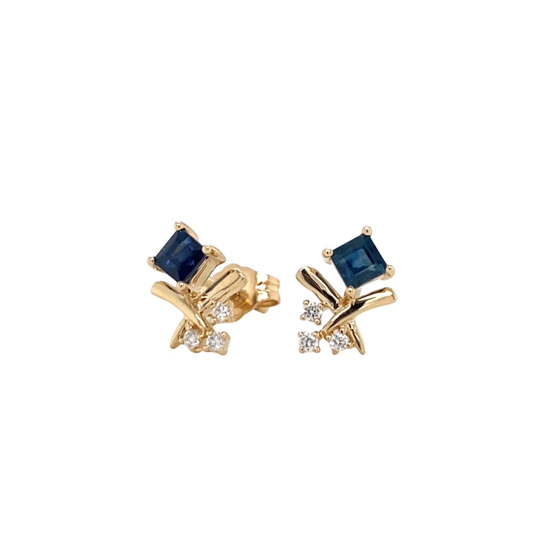 14K Yellow Gold Blue Sapphire And Diamond Stud Earrings