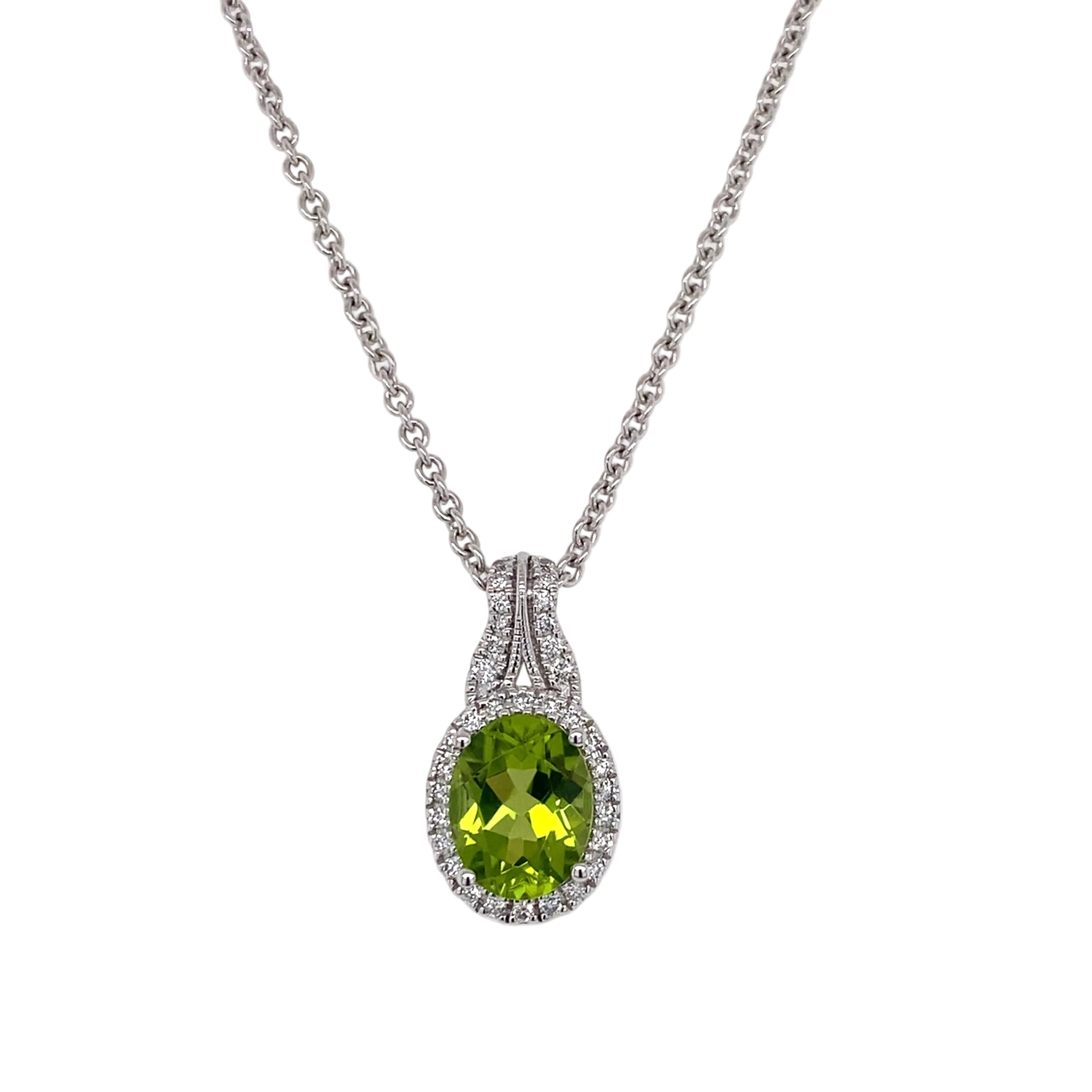 14K White Gold Oval Peridot & Diamond Halo Necklace