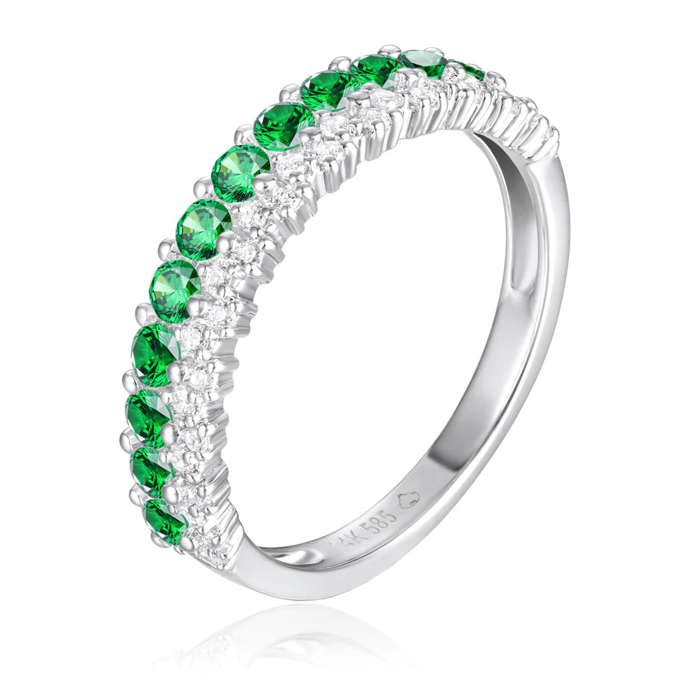 14K White Gold Emerald and Diamond Two Row Ring