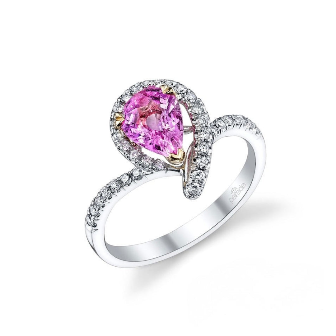 18K White Gold Pear Shape Pink Sapphire & Diamond Ring