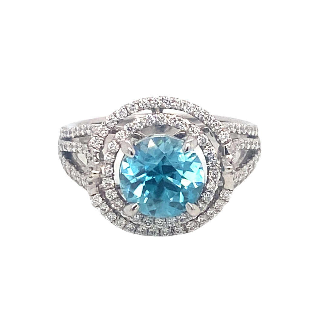 18K White Gold Blue Zircon Double Halo Diamond Ring