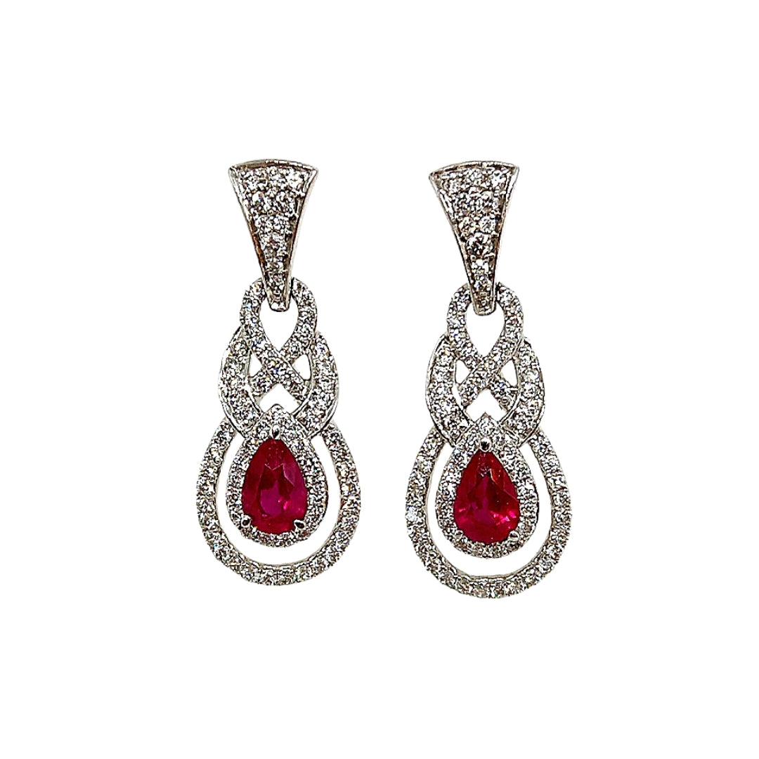 14K White Gold Ruby & Diamond Drop Earrings