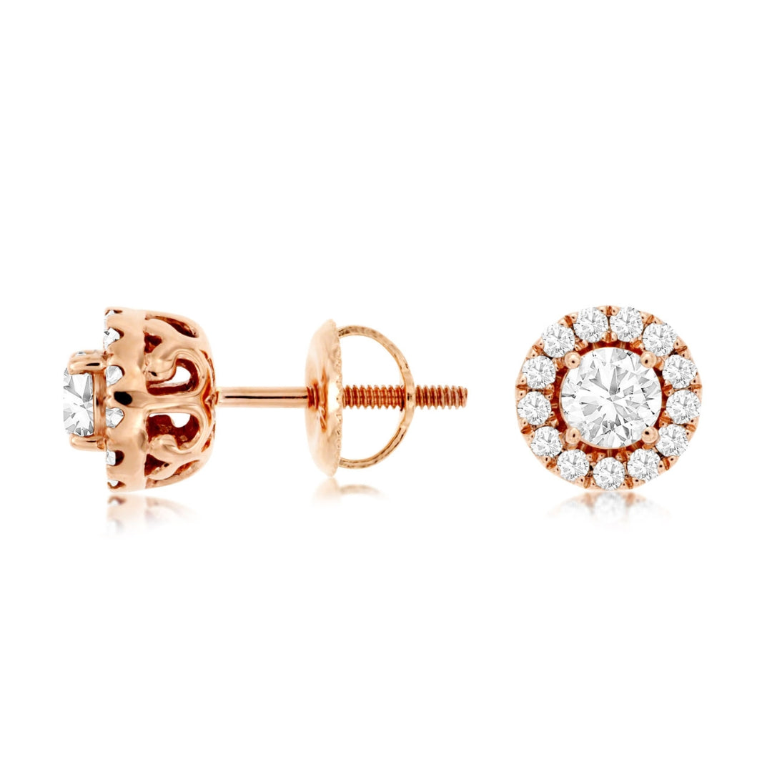 14K Rose Gold Diamond Halo Stud Earrings