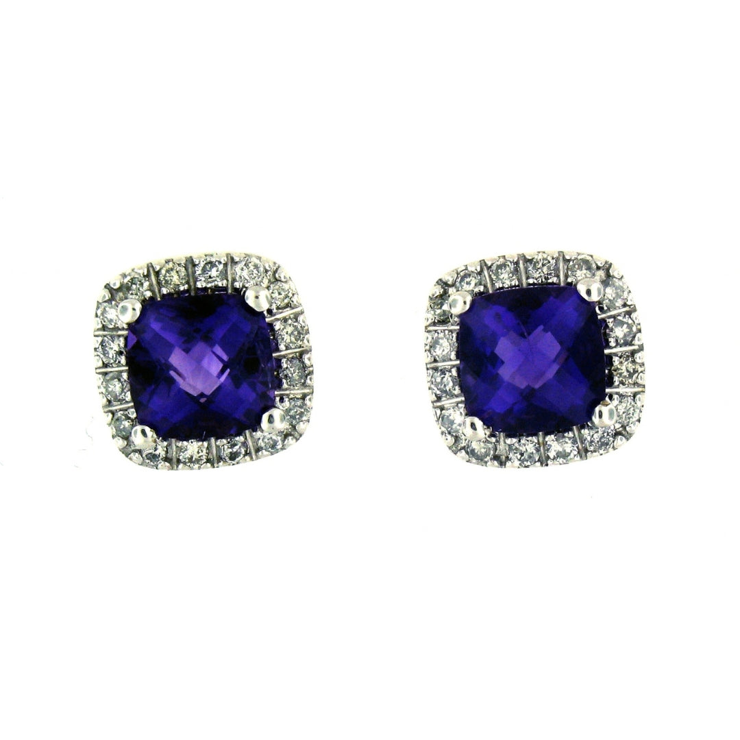14K White Gold Amethyst & Diamond Halo Cushion Stud Earrings