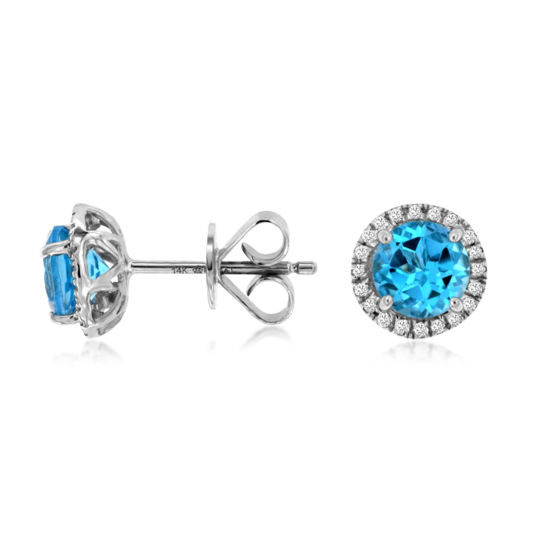 14K White Gold Swiss Blue Topaz & Diamond Halo Stud Earrings