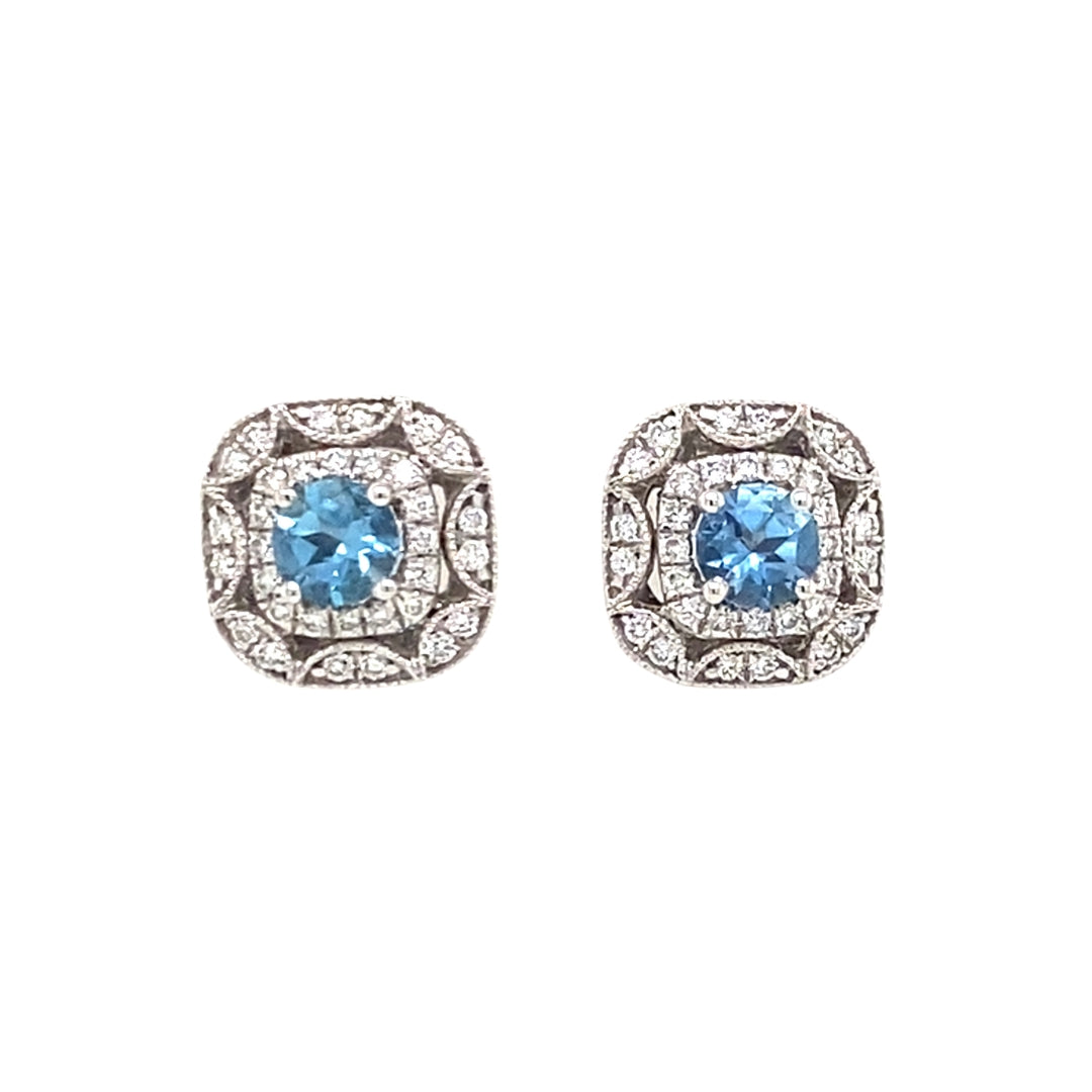 14K White Gold Aquamarine & Diamond Vintage Style Stud Earrings