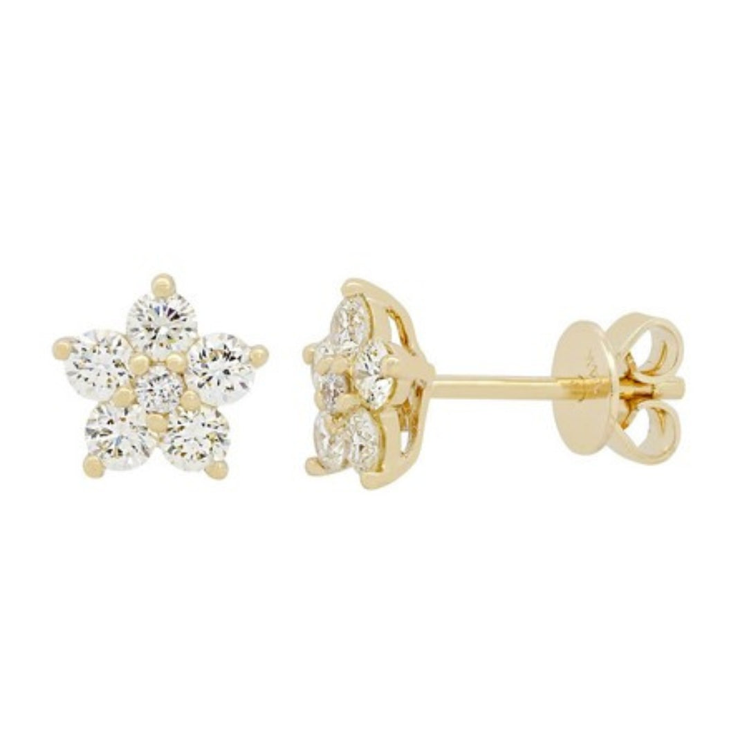 14K Yellow Gold Diamond Flower Cluster Stud Earrings