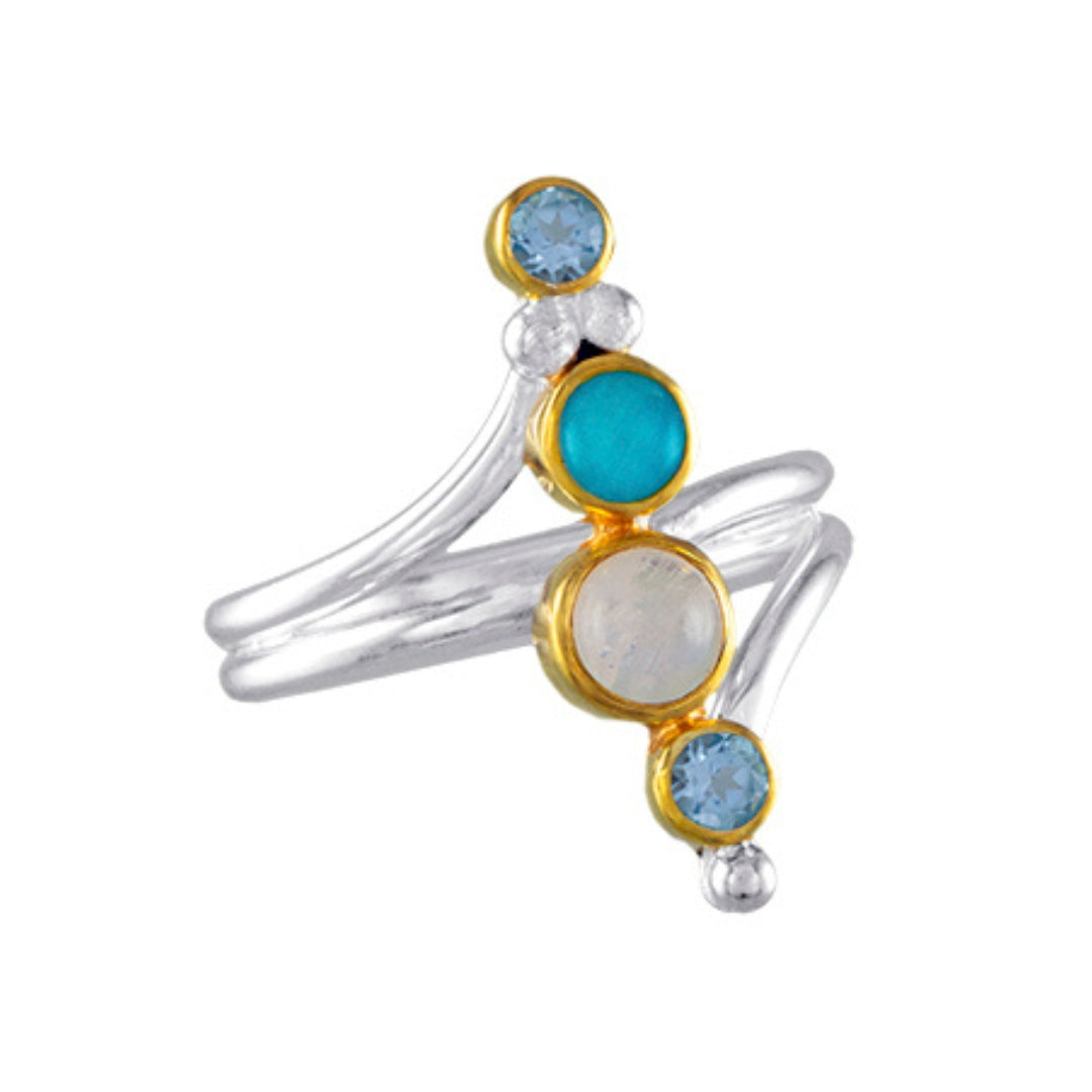 Michou Sterling Silver &amp; 22K Gold Vermeil Four Stone Ring with Amazonite Blue Topaz &amp; Rainbow Moonstone