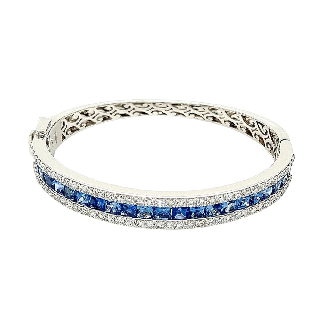 14K White Gold Blue Sapphire & Diamond Bangle Bracelet