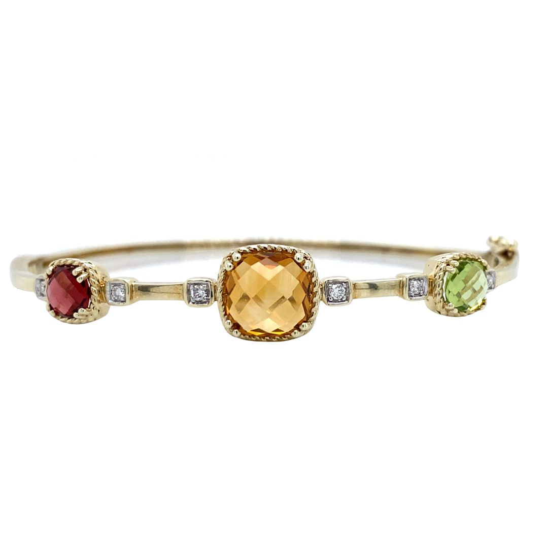 14K Yellow Gold Multi-Color Gemstone Hinged Bangle Bracelet