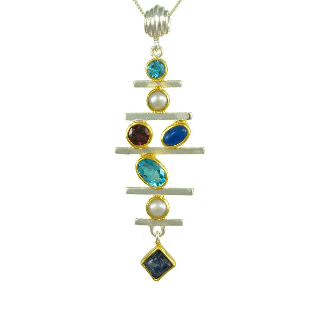 Michou Sterling Silver & 22K Gold Vermeil Pendant Necklace  With Baby Blue Topaz, White Freshwater Pearl, Rhodolite Garnet, Blue Agate & Blue Rainbow Moonstone; 18"