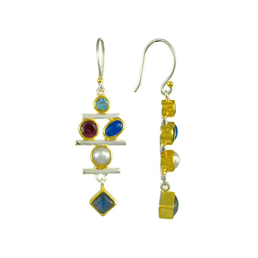 Michou Sterling Silver & 22K Gold Vermeil Earrings with Blue Rainbow Moonstone, Blue Agate & Baby Blue Topaz