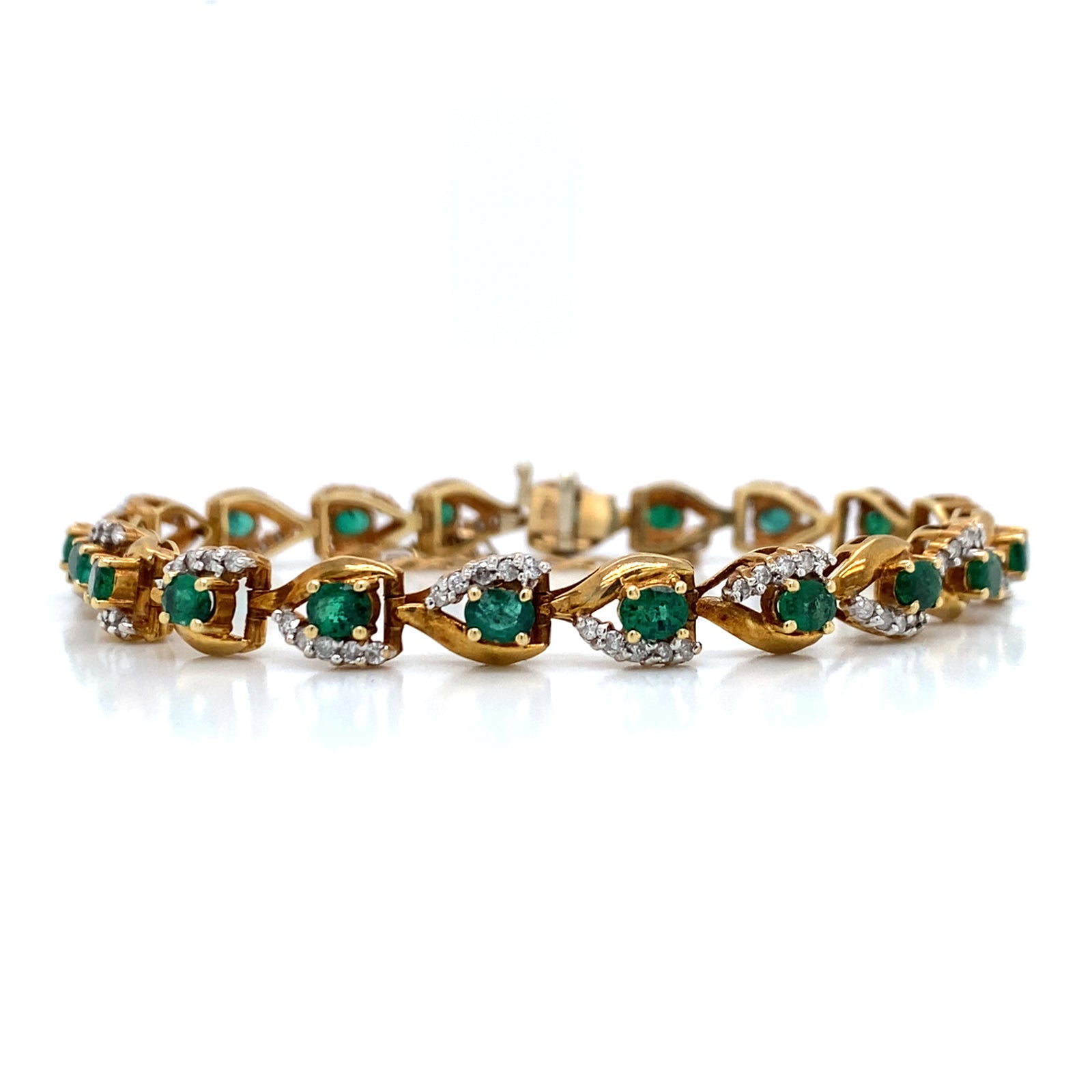 14K Yellow Gold Emerald And Diamond V Link Bracelet