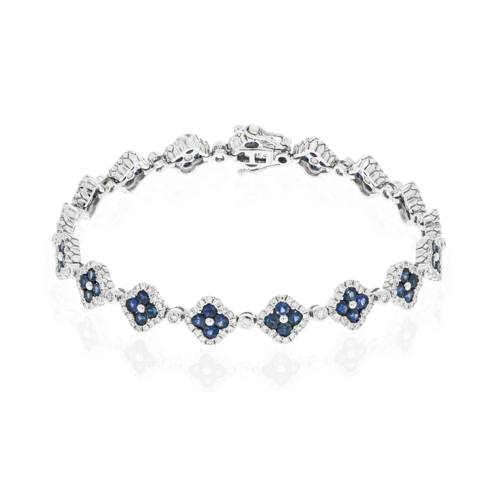 14K White Gold Sapphire & Diamond Clover Design Tennis Bracelet